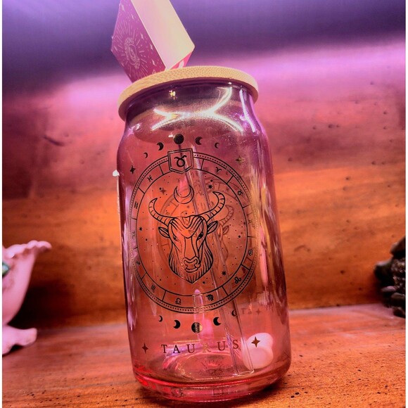Pink and Gold Taurus Zodiac Glass tumbler with straw - Picture 1 of 3